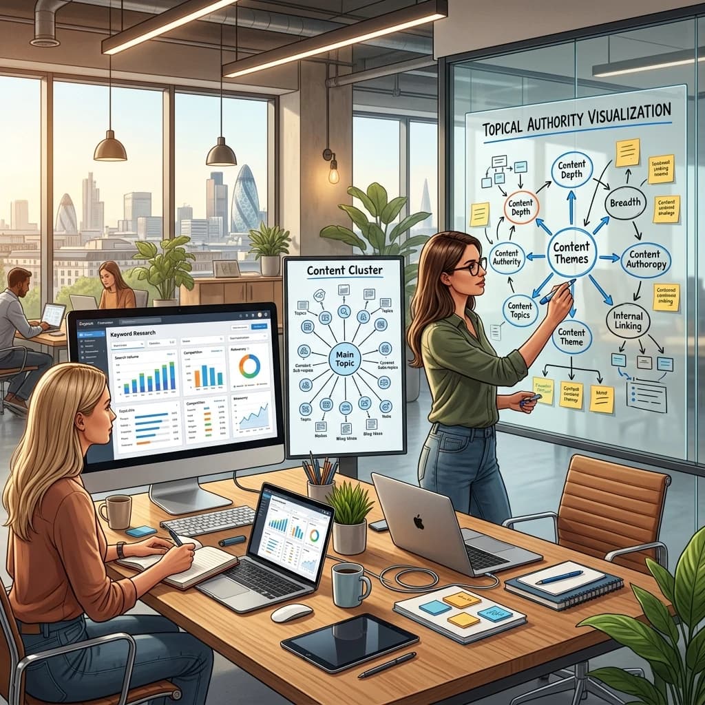 SEO content planning workspace with keyword research, content clusters, blog strategy and topical authority visualization