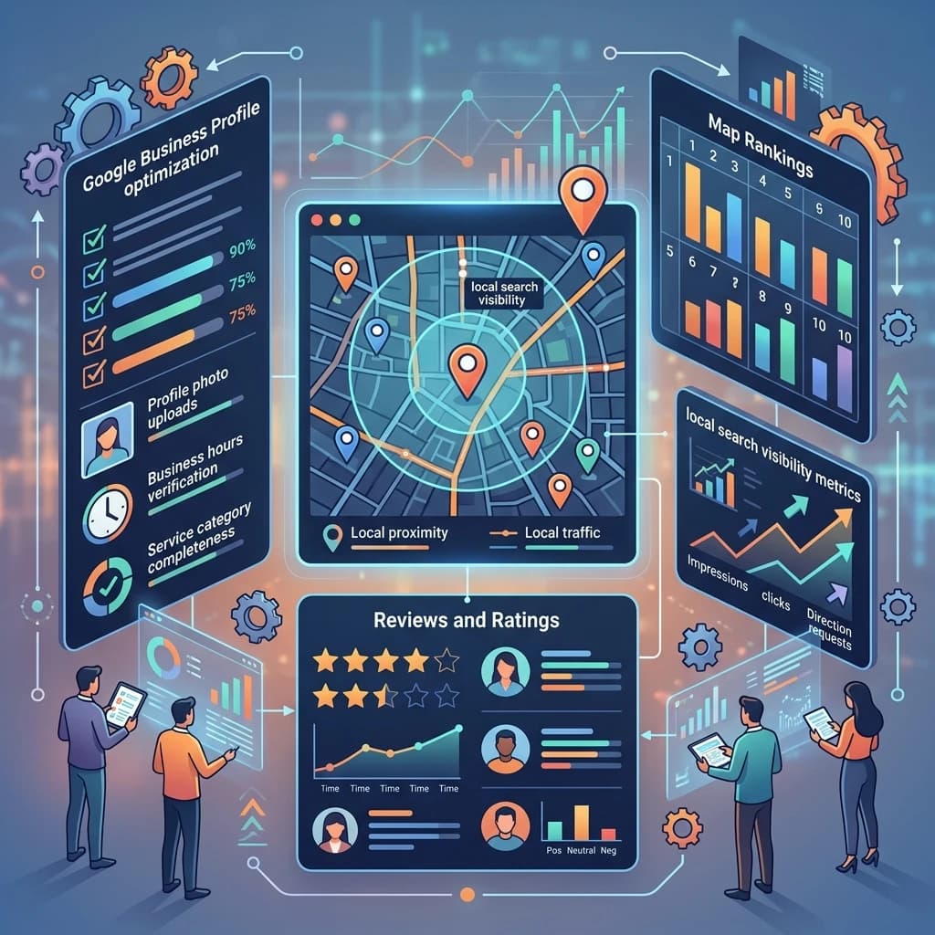 Google Maps local SEO dashboard with reviews, Google Business Profile optimization, map rankings and local search visibility metrics