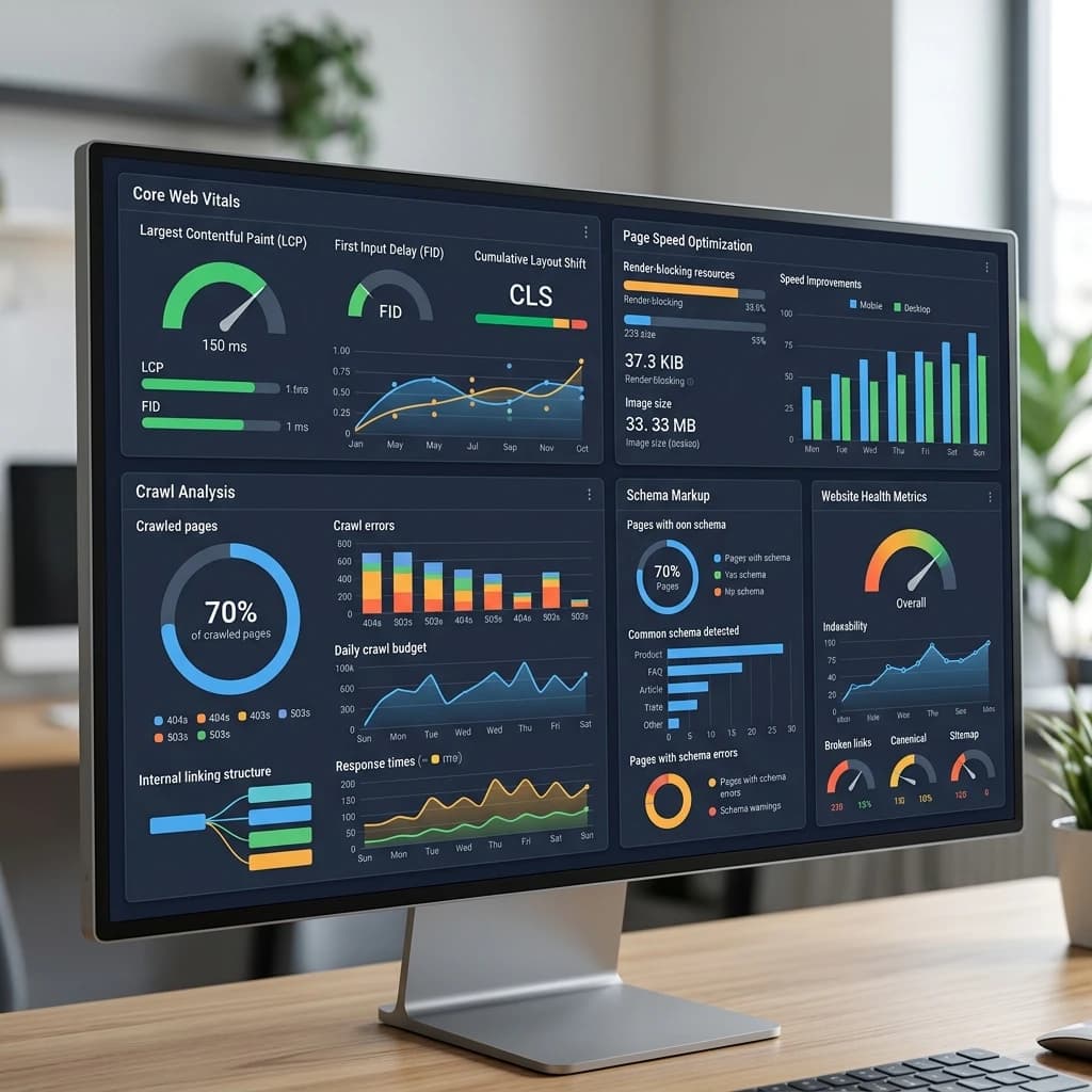 Website technical SEO audit dashboard showing Core Web Vitals, page speed optimization, crawl analysis, schema markup and website health metrics