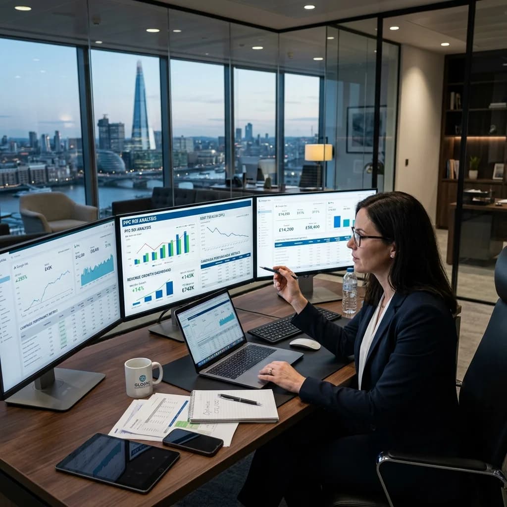 Business consultant analyzing PPC ROI, cost per lead charts, revenue growth dashboards and campaign performance metrics