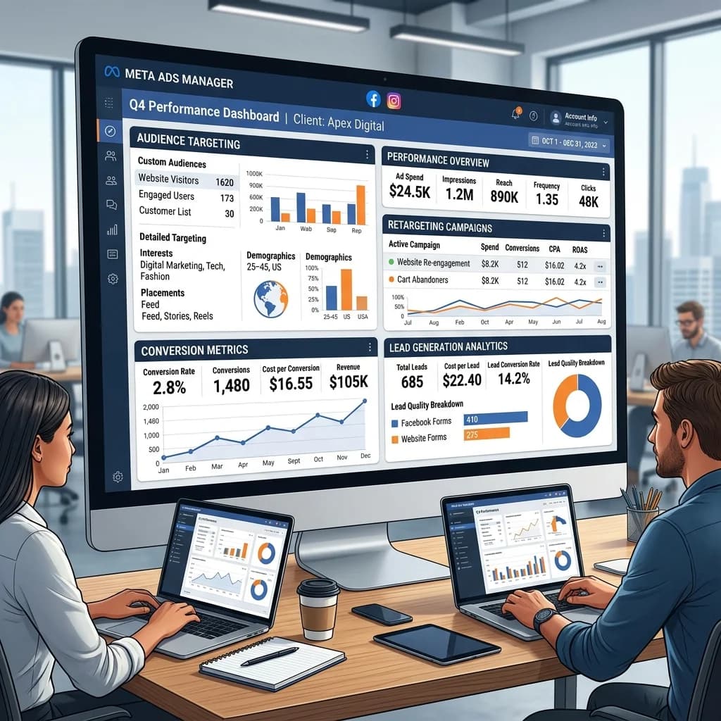 Facebook and Instagram advertising dashboard with audience targeting, retargeting campaigns, conversion metrics and lead generation analytics