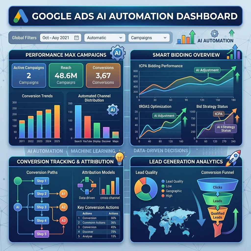 Google Ads AI automation dashboard with Performance Max campaigns, smart bidding, conversion tracking and lead generation analytics