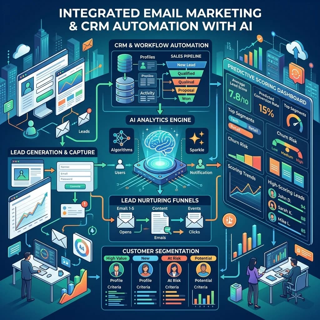 Email marketing automation and CRM workflow with AI analytics, lead nurturing funnels, customer segmentation and predictive scoring dashboards