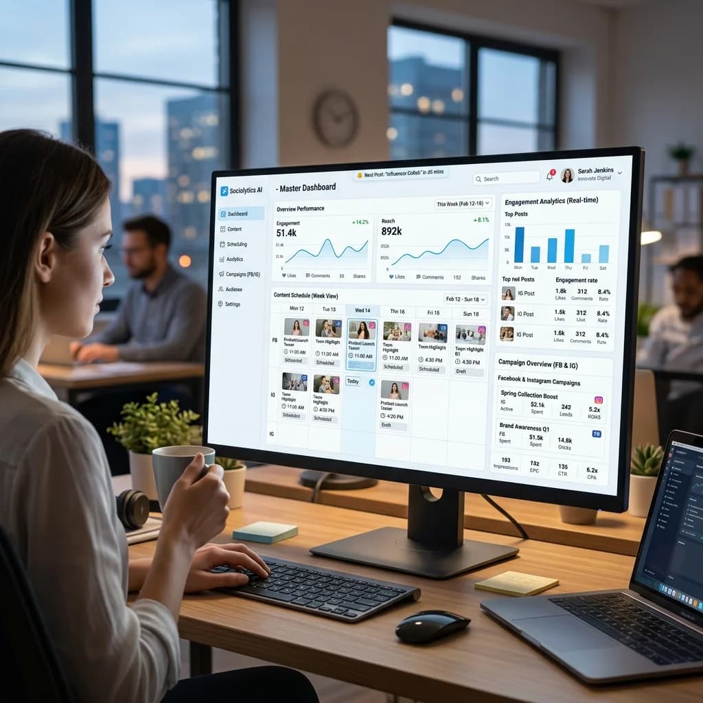 Social media AI management dashboard showing content scheduling, engagement analytics, Facebook and Instagram campaigns