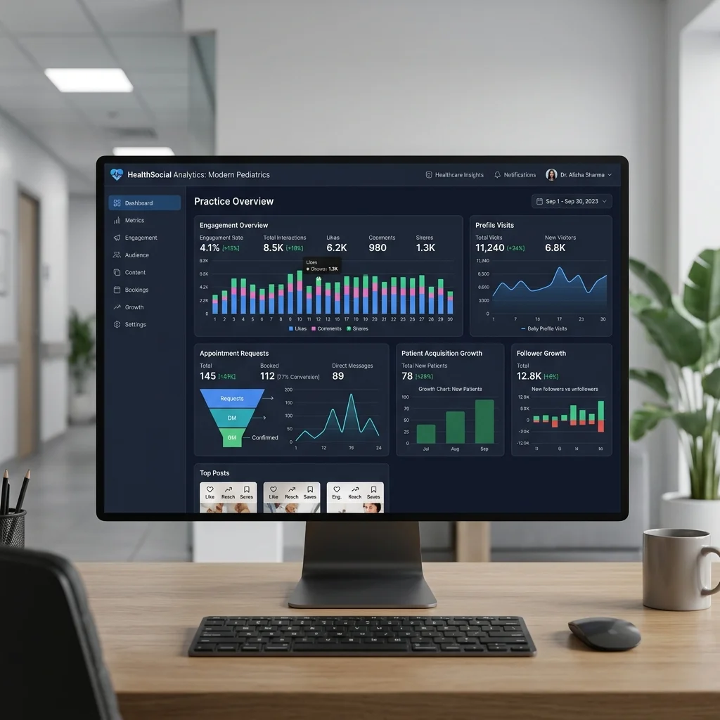 Instagram analytics dashboard for healthcare practices showing engagement metrics, profile visits, appointment requests and patient acquisition growth charts