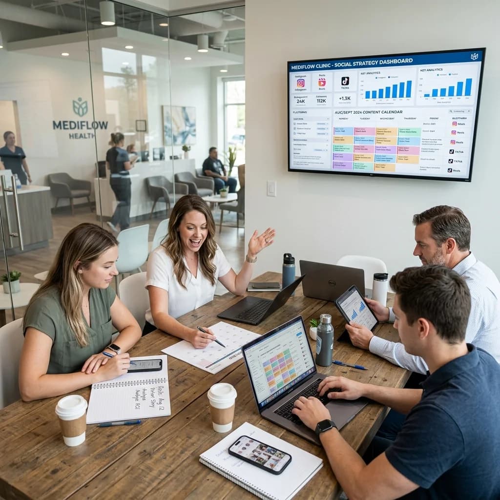 Healthcare marketing team planning Instagram Reels content calendar, social media strategy dashboard
