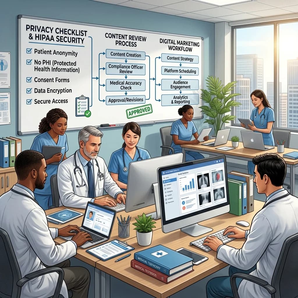 Healthcare social media compliance concept showing privacy checklist, HIPAA security, content review process