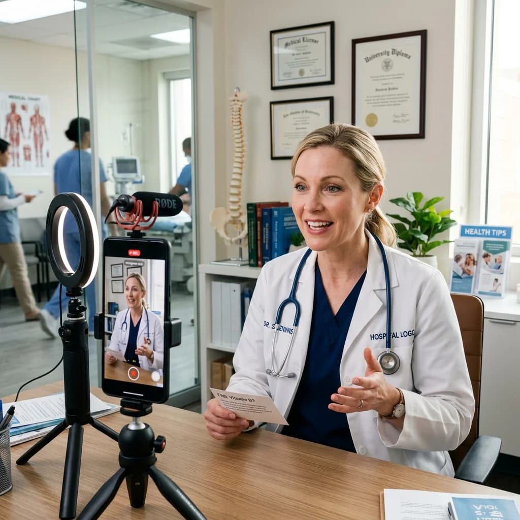 Doctor answering patient questions on camera for Instagram Reels, educational healthcare content creation