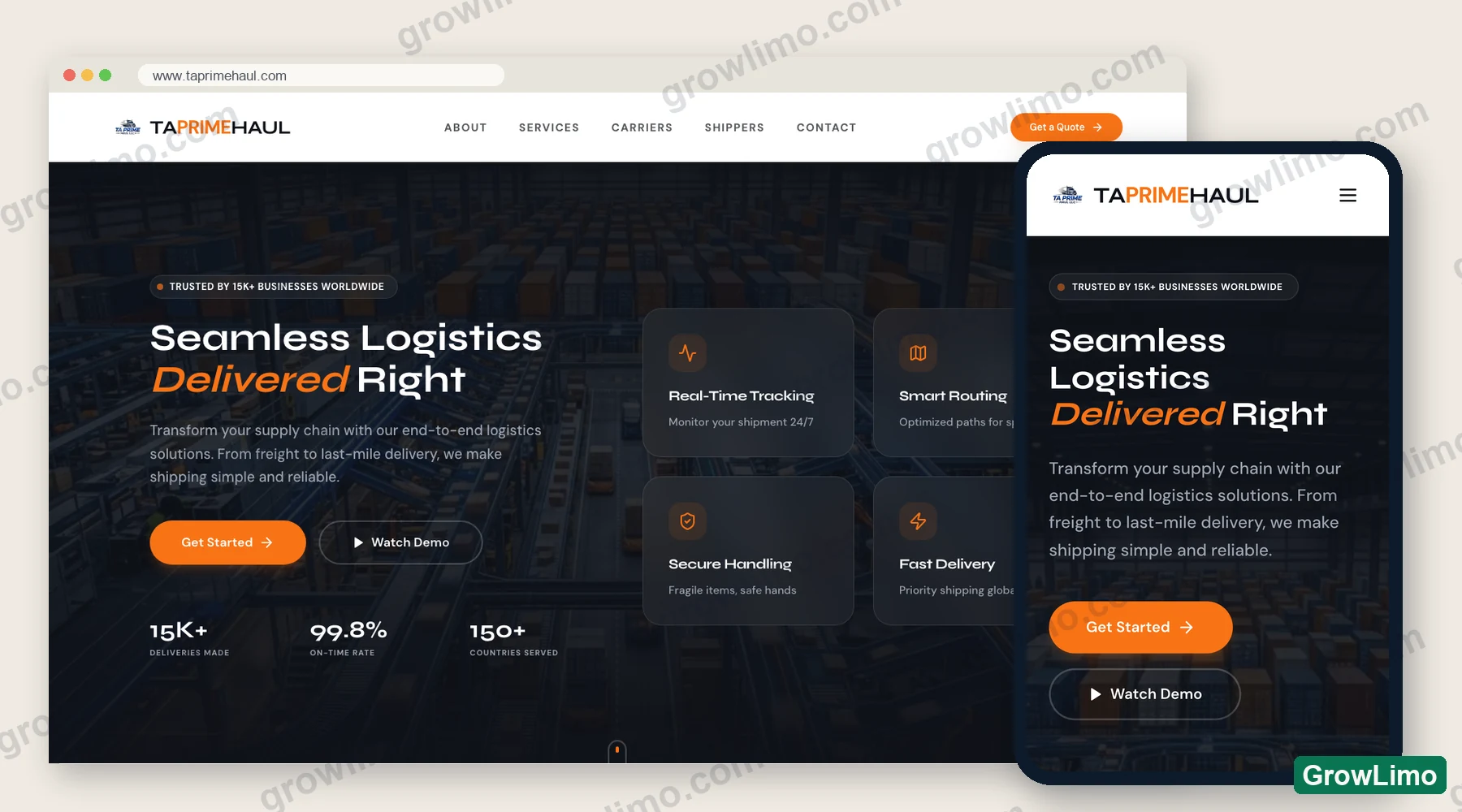 TA Prime Haul home page on desktop and mobile: logistics headline, quote buttons and service highlights
