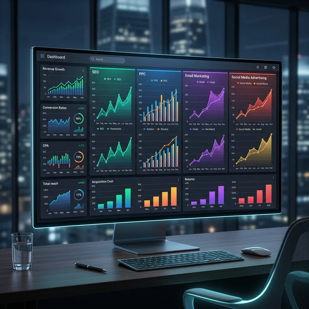 Digital marketing ROI comparison chart showing SEO, PPC, Email Marketing, Social Media advertising returns, business growth analytics, modern executive dashboard, 16:9