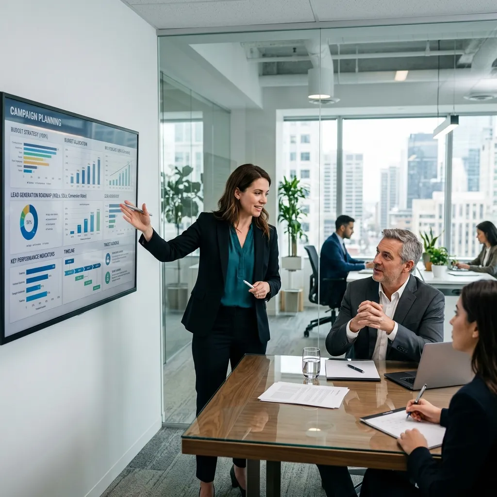 Digital marketing agency consultant presenting budget strategy to business owner, campaign planning, ROI forecasting, lead generation roadmap, modern office environment, 16:9