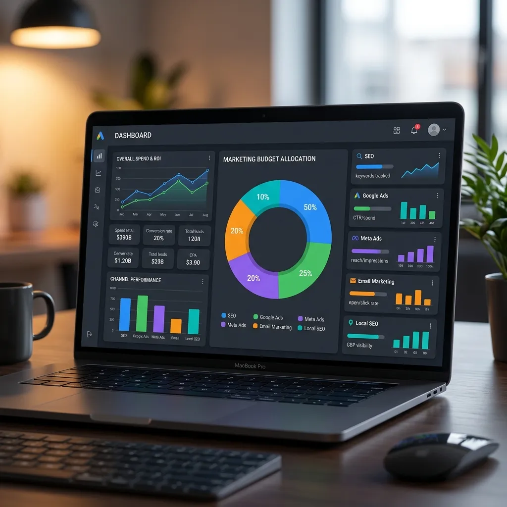 Small business digital marketing budget planning dashboard showing SEO, PPC, ROI tracking and marketing investment strategy for 2026