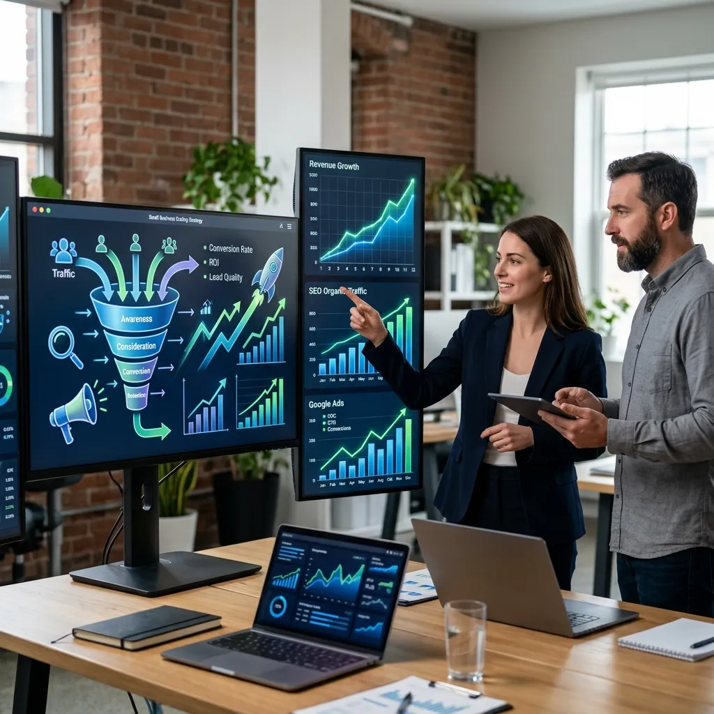 Small business scaling through digital marketing, lead generation funnel, increasing revenue charts, Google Ads and SEO growth strategy visualization, professional marketing artwork, 16:9