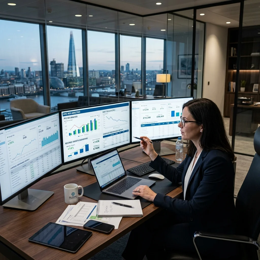 Business consultant analyzing PPC ROI, cost per lead charts, revenue growth dashboards and campaign performance metrics