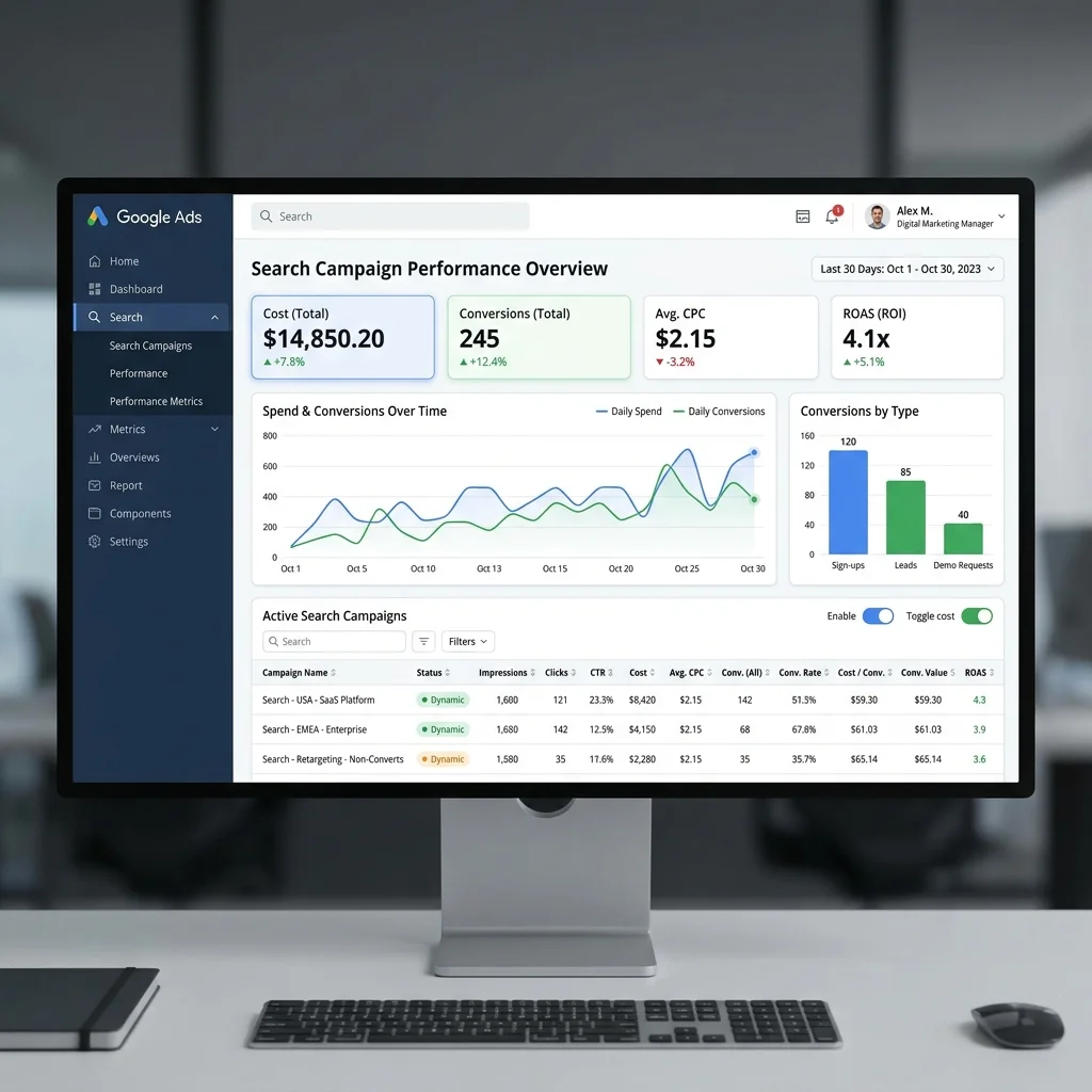 Google Ads dashboard showing search campaigns, cost per click, conversion tracking and ROI metrics