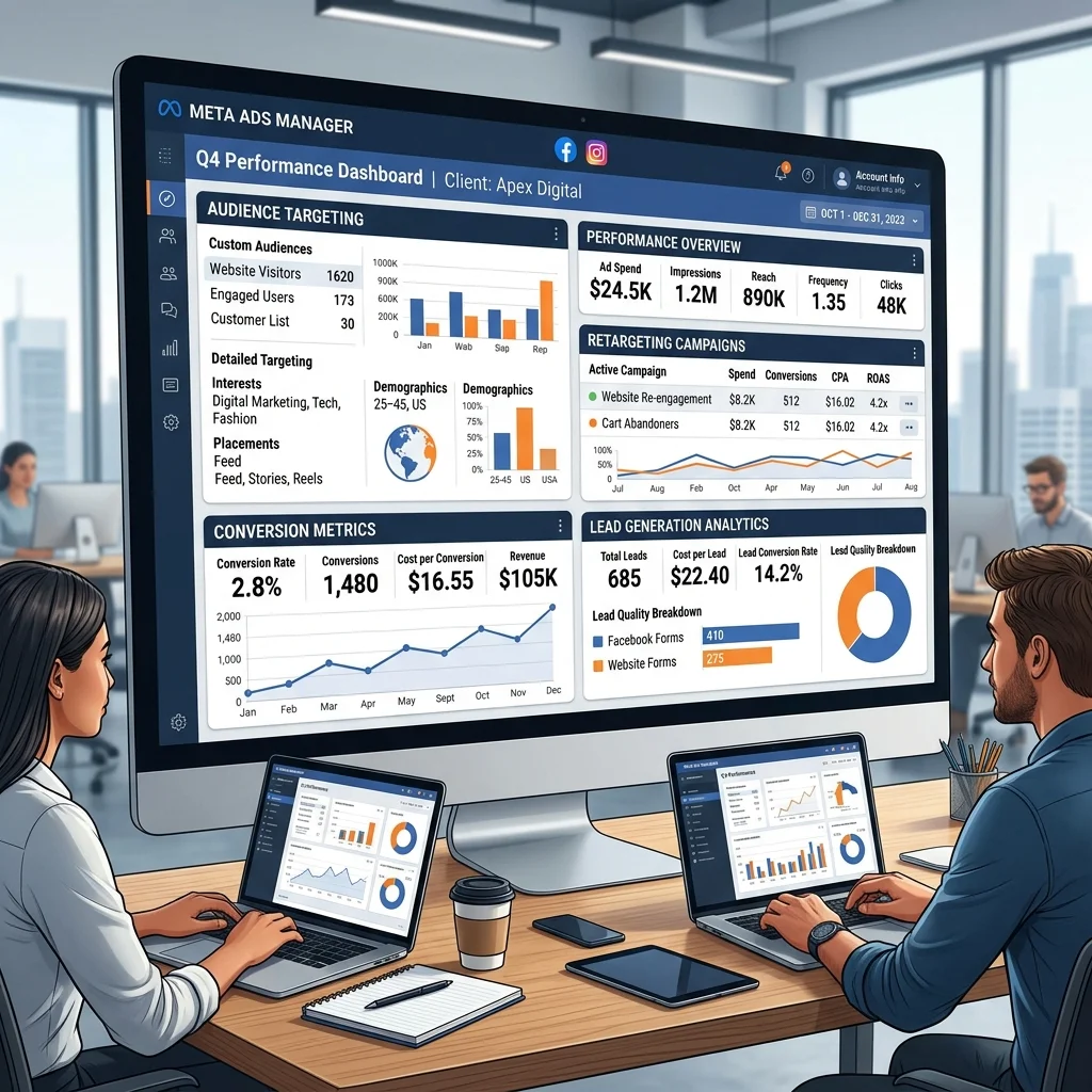 Facebook and Instagram advertising dashboard with audience targeting, retargeting campaigns, conversion metrics and lead generation analytics