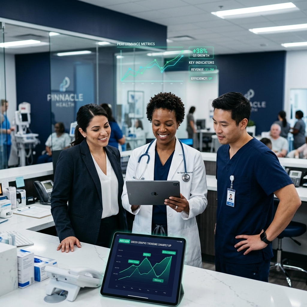Diverse healthcare professionals analyzing business performance graphs